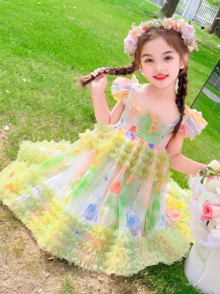 Girls Butterfly Back Summer Dress Short Sleeve Princess Gown