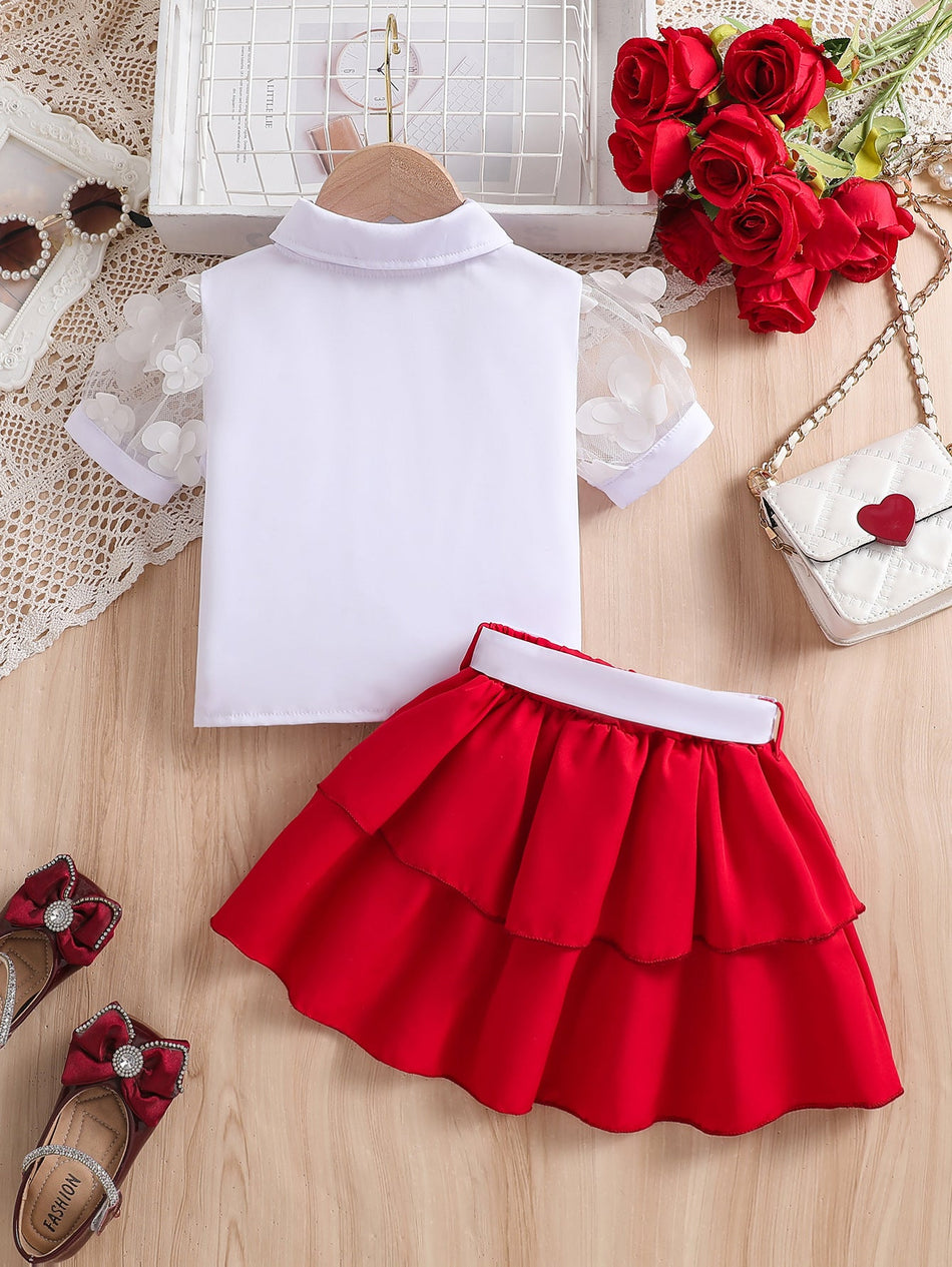 Girls Summer Bow Shirt Skirt Set Lace Sleeve Two Piece Outfit