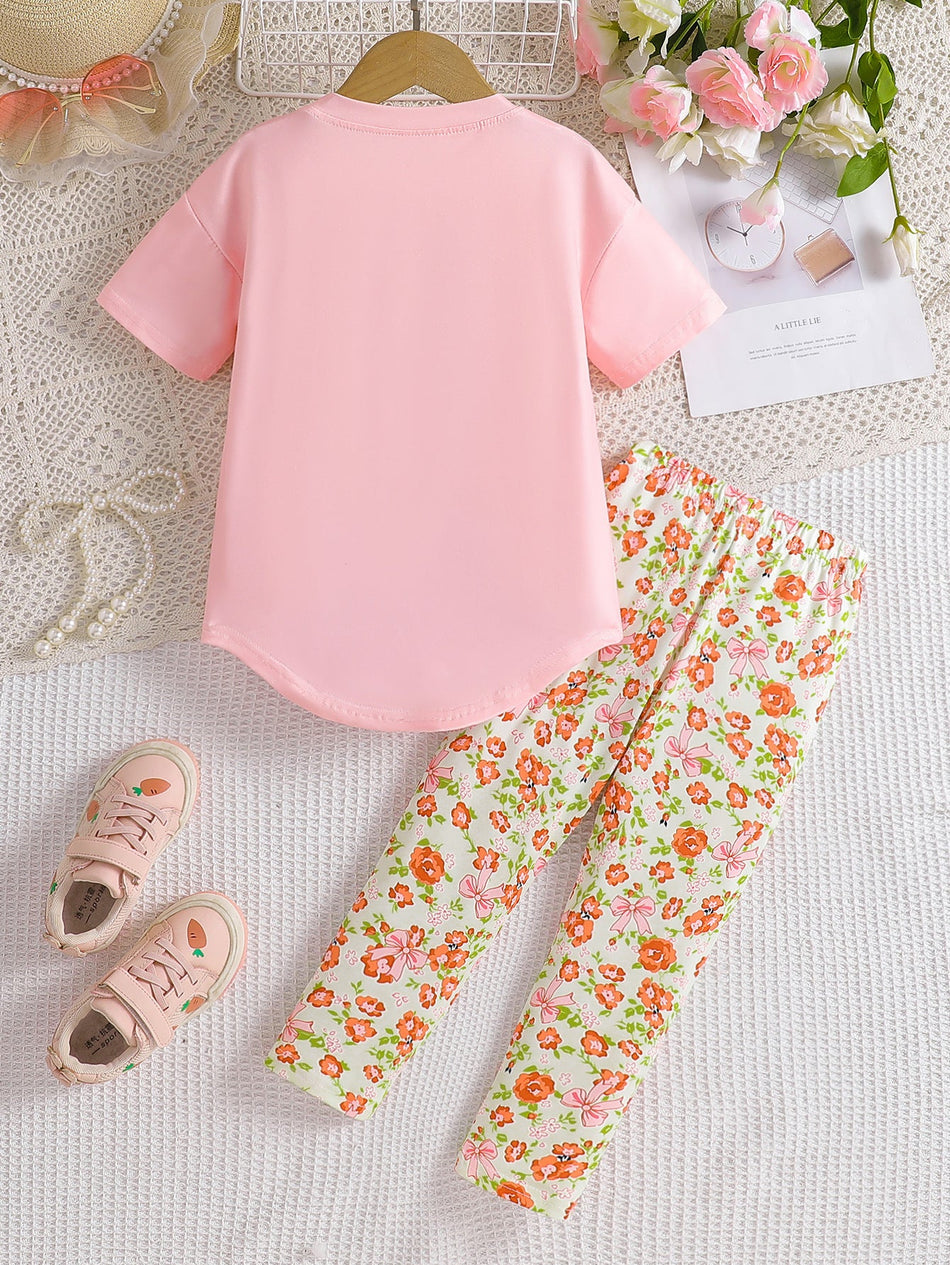 Girls Summer Cotton Bow T-Shirt Set Two Piece Kids Outfit