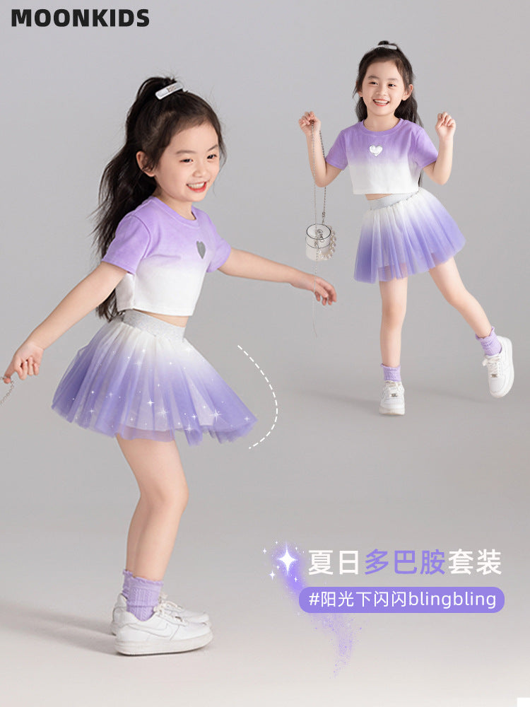 Girls Summer Mesh Skirt Set Short Sleeve Kids Two Piece Outfit