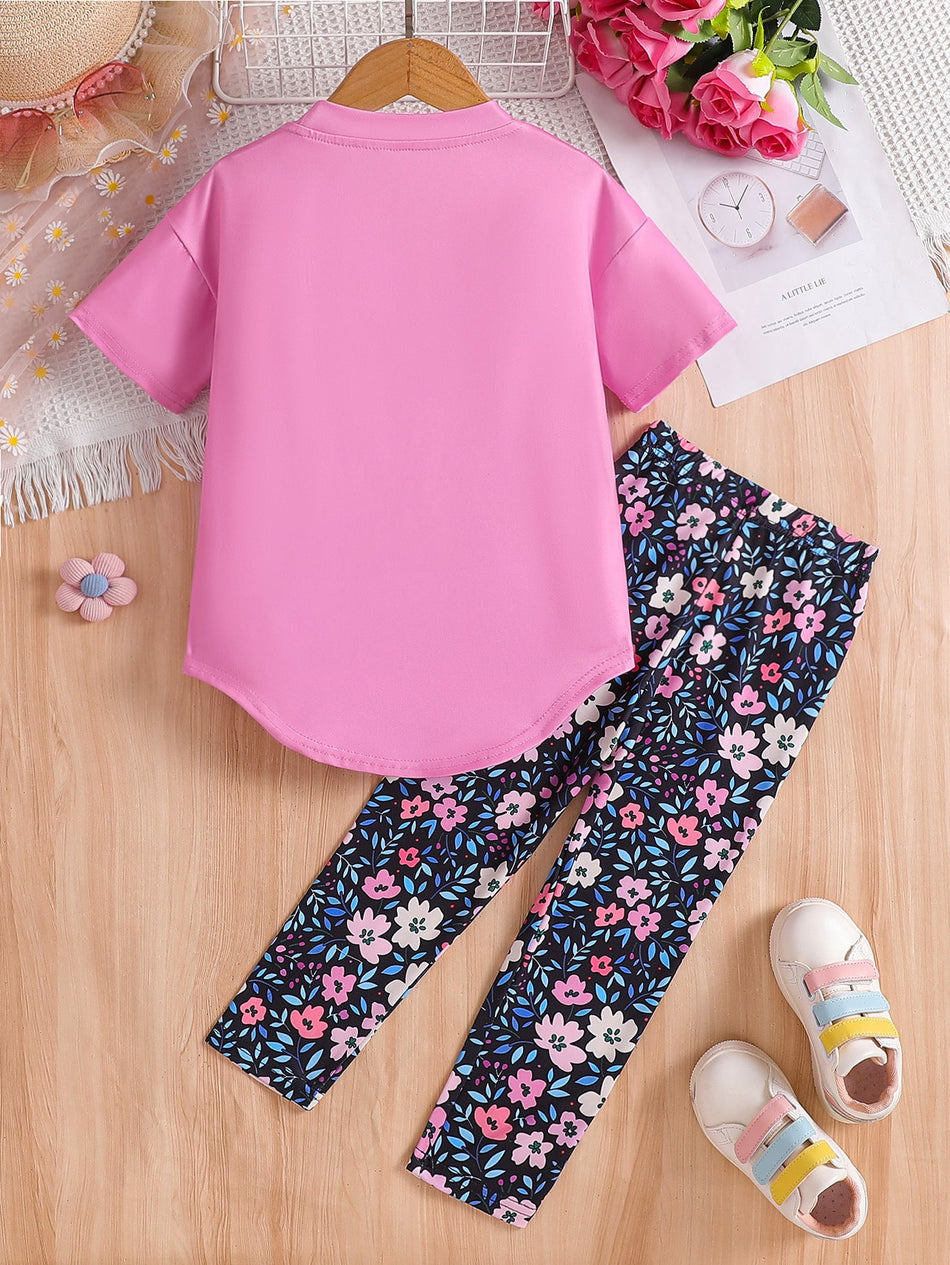 Girls Summer Letter Print Top Floral Pants Two Piece Set Kids