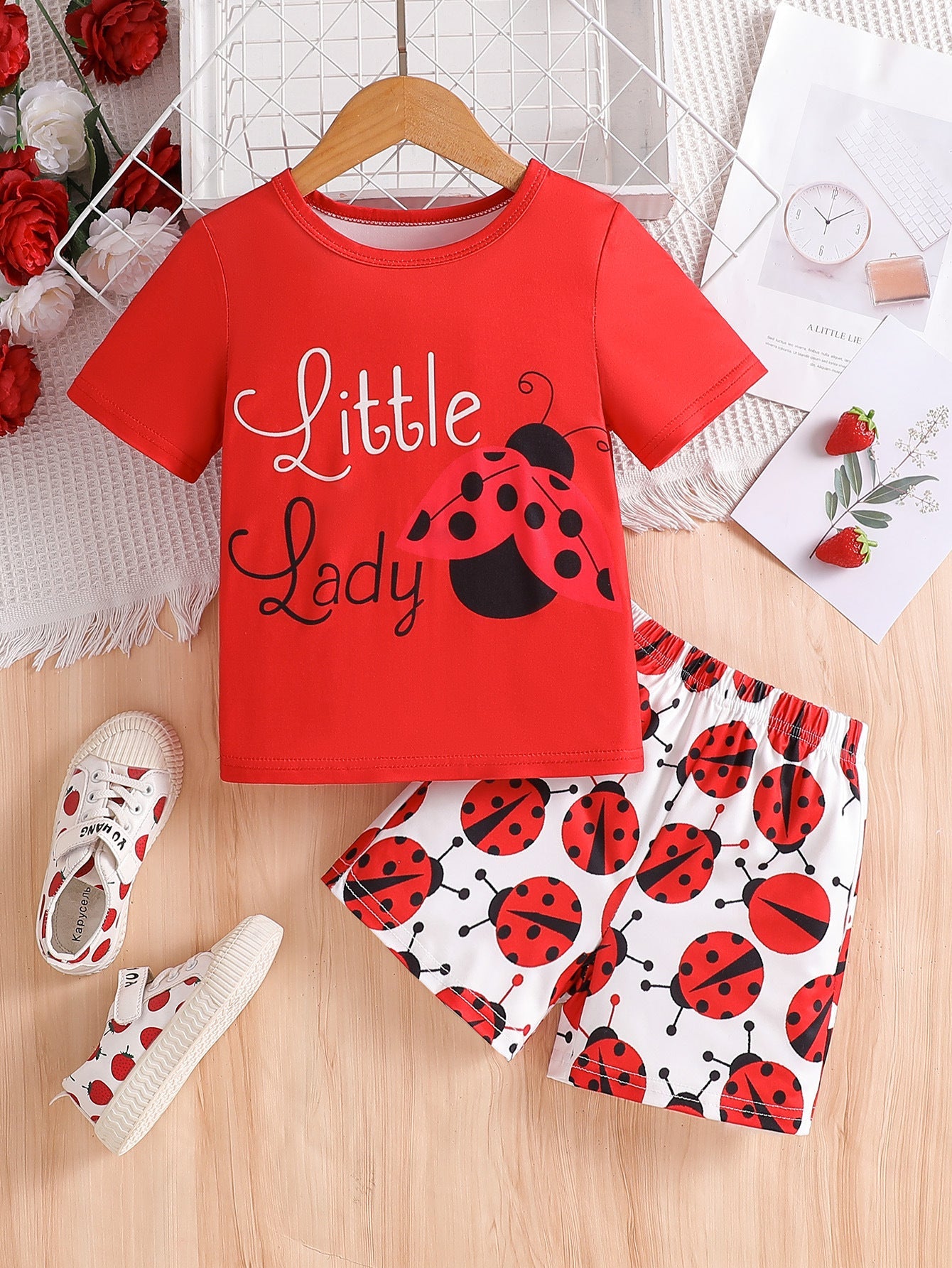 Red girls two-piece summer outfit set for casual everyday wear