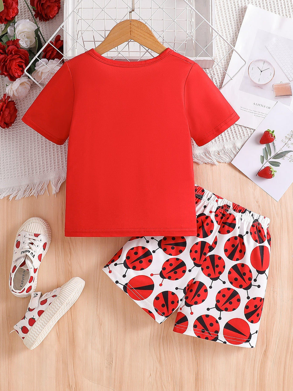 Girls Summer Ladybug Print T-Shirt Shorts Two Piece Kids Set