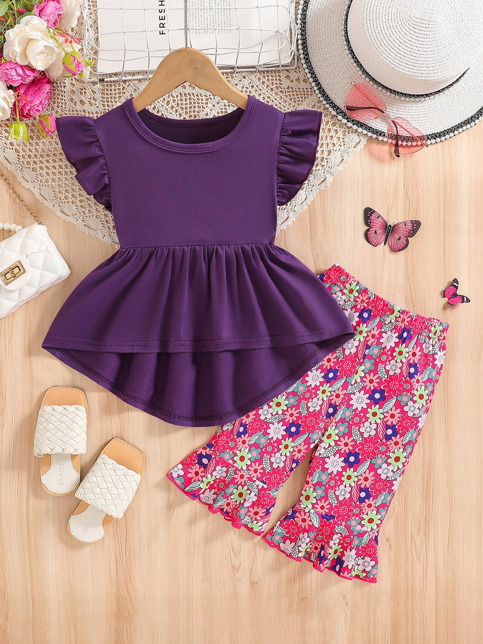 Girls Floral Flutter Sleeve Top Pants Two Piece Summer Set