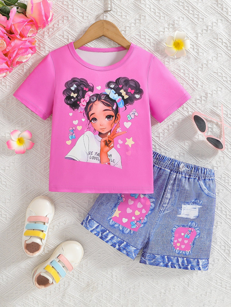 Girls Cartoon Summer Top Shorts Set Round Neck Kids Outfit
