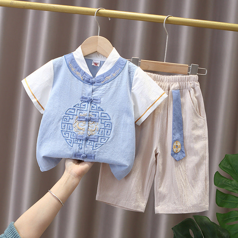 Boys Summer Hanfu Set Traditional Chinese Tang Suit Two Piece