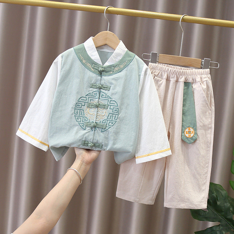 Green girls Chinese-style Hanfu two-piece set with lace embroidery and bow detail