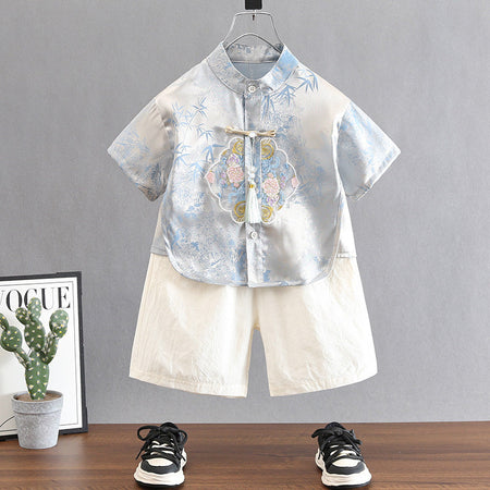 girls Chinese-style Hanfu two-piece set with lace embroidery and bow detail