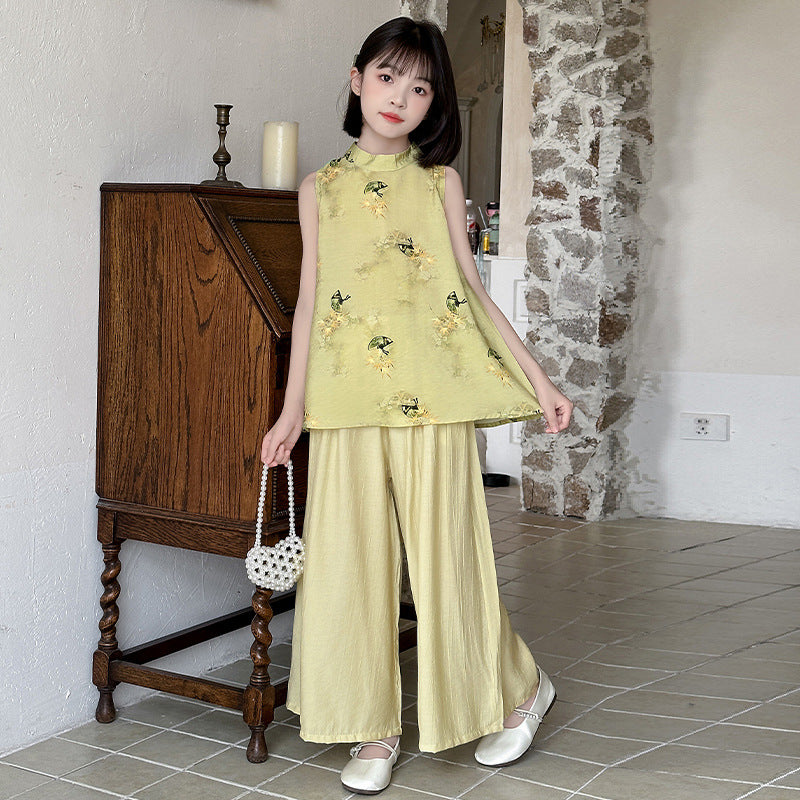 Premium Girls Chinese Style Hanfu Summer Two Piece Set Kids