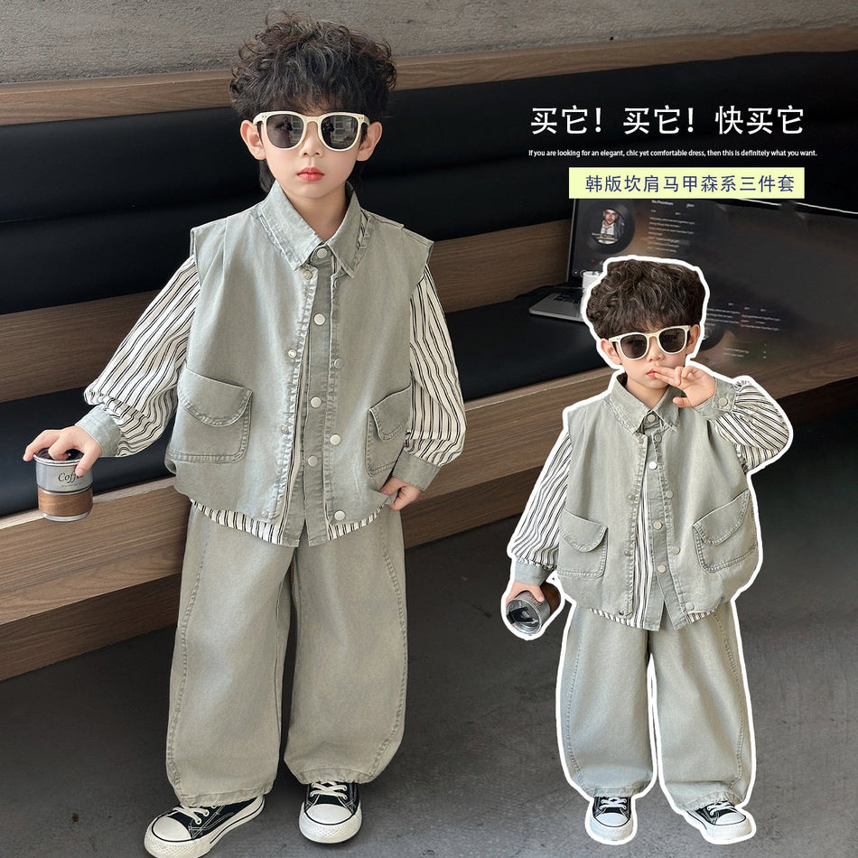 Premium Boys Three Piece Vest Shirt Set Kids Formal Casual Outfit