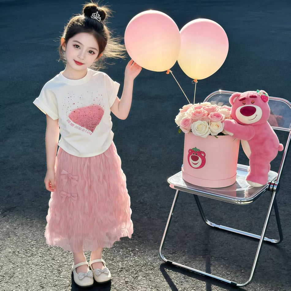 Premium Girls Summer Two Piece Skirt Set Rhinestone Kids Outfit