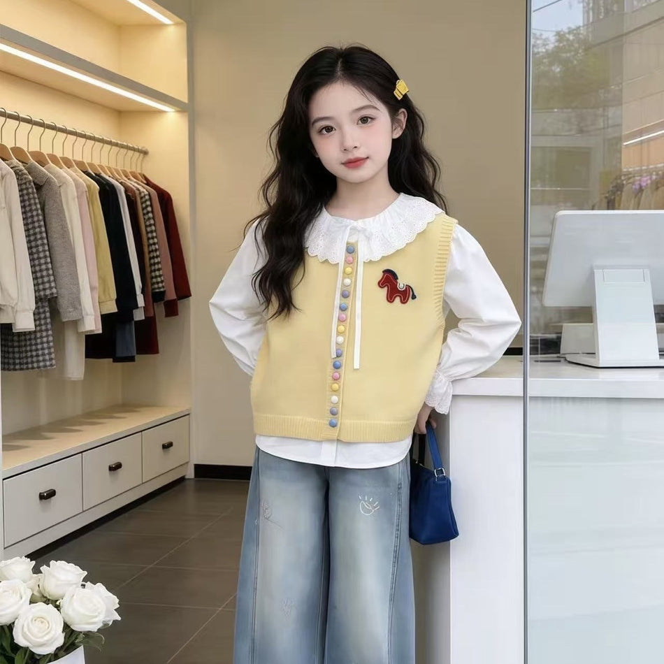 Premium Girls Vest Shirt Two Piece Set Doll Collar Kids Outfit