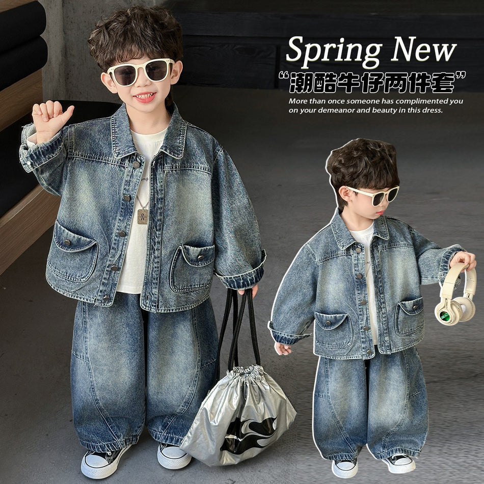 Premium Boys Denim Two Piece Set Spring Autumn Kids Outfit
