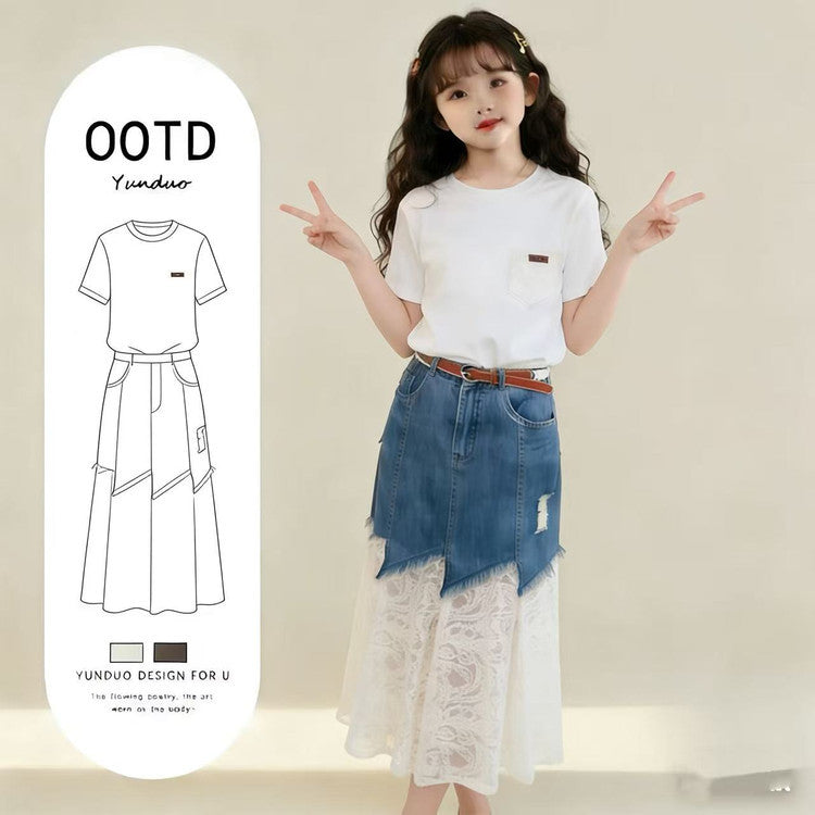 Premium Girls Denim Lace Two Piece Summer Set Princess Style