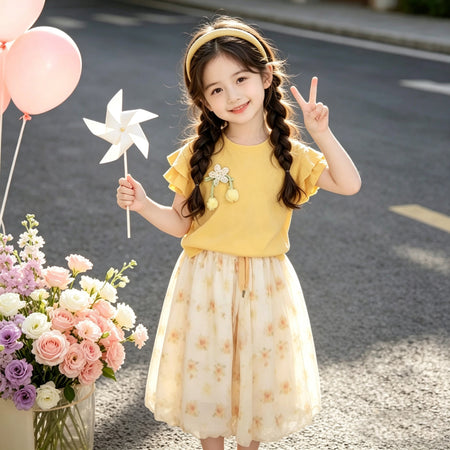 Yellow girls two-piece summer outfit set for casual everyday wear