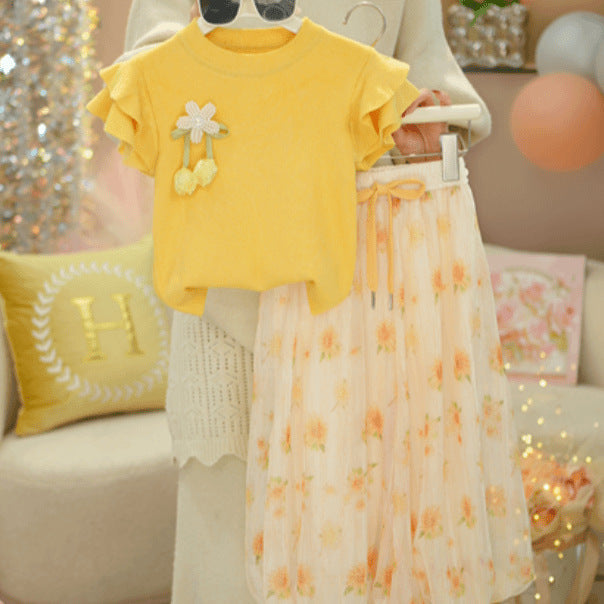 Premium Girls Yellow Floral Two Piece Summer Skirt Set Kids