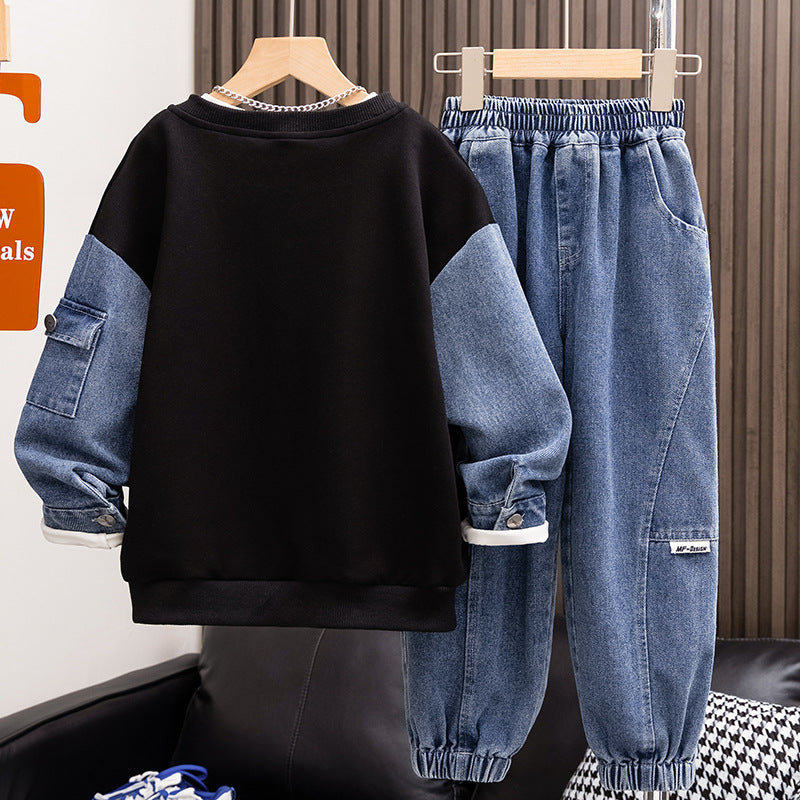 Premium Boys Sweatshirt Two Piece Set Spring Denim Style Outfit