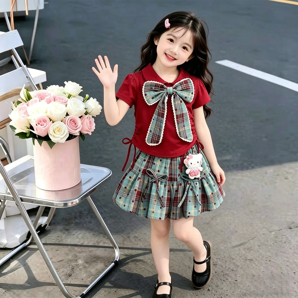 Premium Girls Bow Floral Two Piece Summer Set Kids Outfit