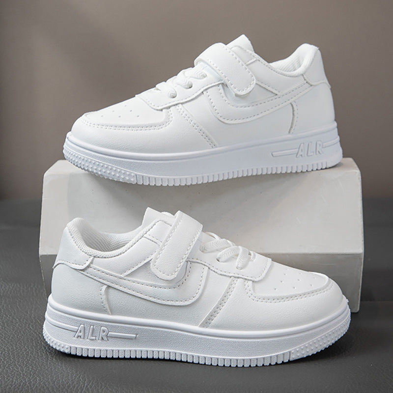 White kids athletic shoes with lightweight and breathable design for active wear