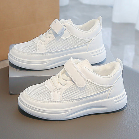 White kids athletic shoes with lightweight and breathable design for active wear