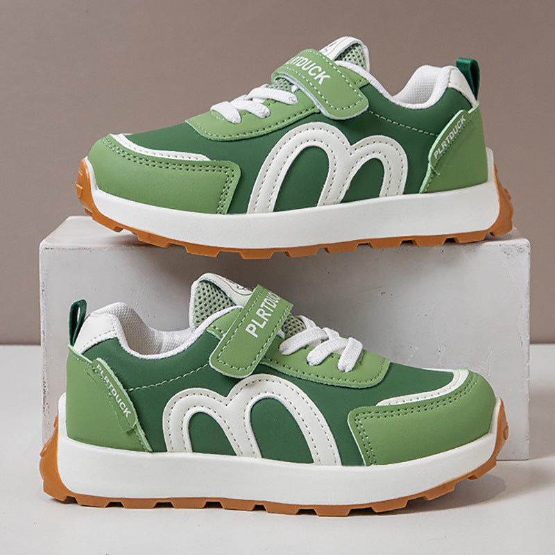 Green kids athletic shoes with lightweight and breathable design for active wear