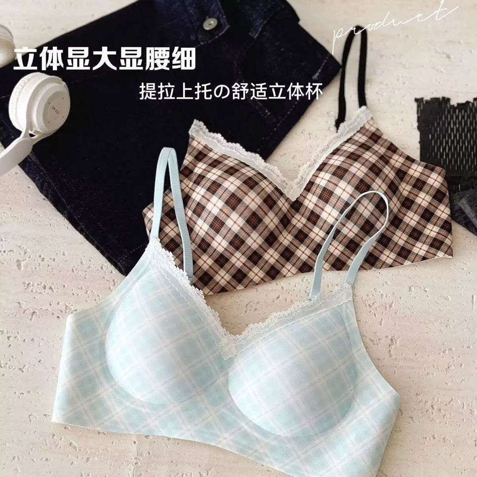 French Style Plaid Push Up Bra with Wireless Side Support