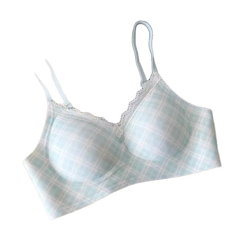Plaid brown french style plaid push up bra with wireless side support