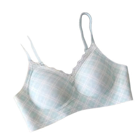 Plaid brown french style plaid push up bra with wireless side support