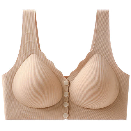 Skin color seamless front button push up bra with lateral support