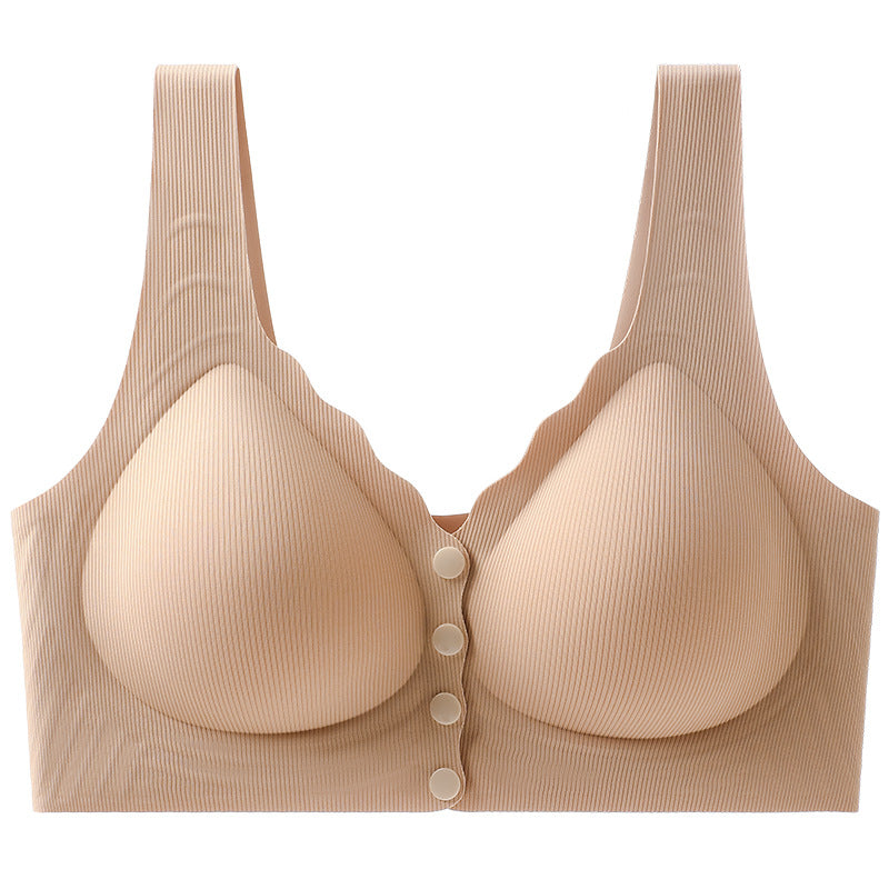 Skin color seamless front button push up bra with lateral support