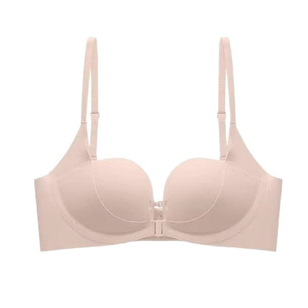 Skin color seamless dual front closure push up bra for enhanced lift and contours