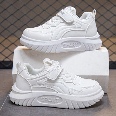 White kids athletic shoes with lightweight and breathable design for active wear
