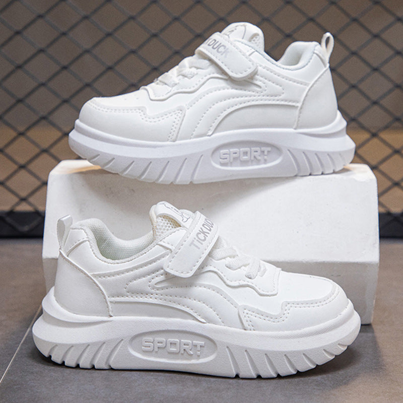 White kids athletic shoes with lightweight and breathable design for active wear