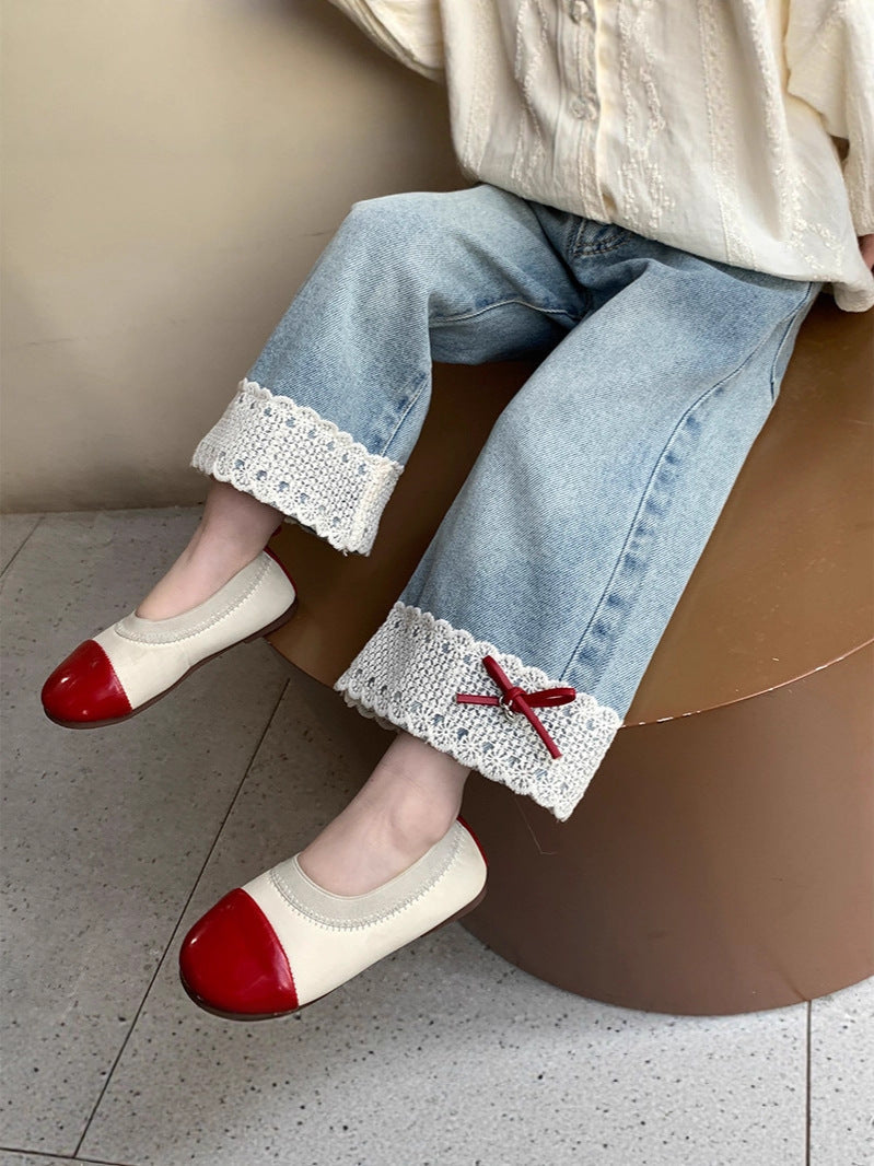 Girls’ Lace Bow Denim Straight Pants for Kids