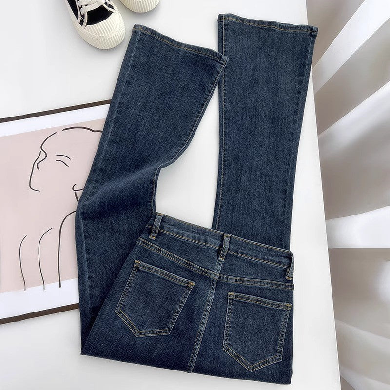 High Waist Micro Flare Jeans in Blue Grey Stretch Denim