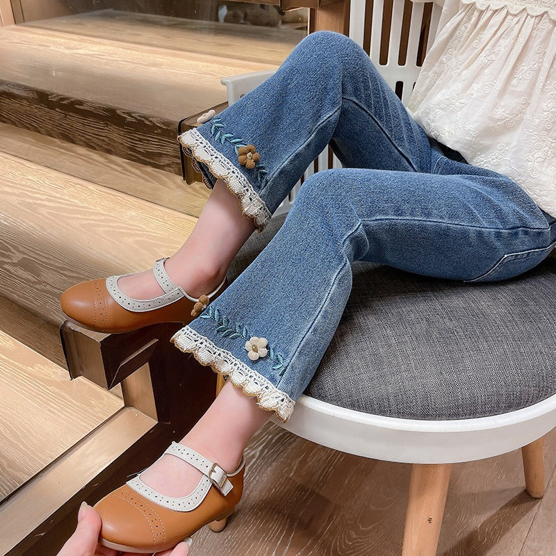 Girls’ Embroidered Flared Denim Pants for Spring & Autumn