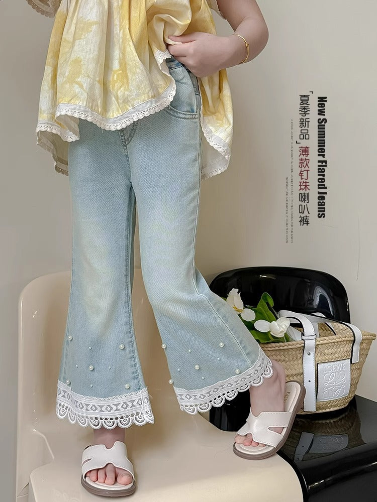 Girls’ Tencel Flared Jeans with Beaded Lace Detail