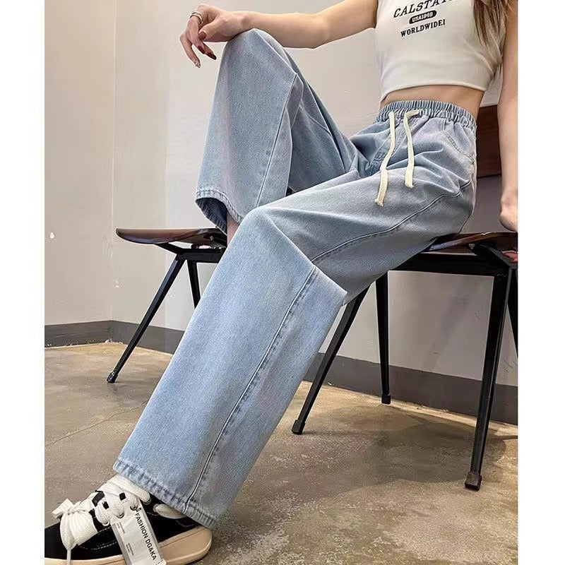 Light wash high waist straight leg wide denim trousers