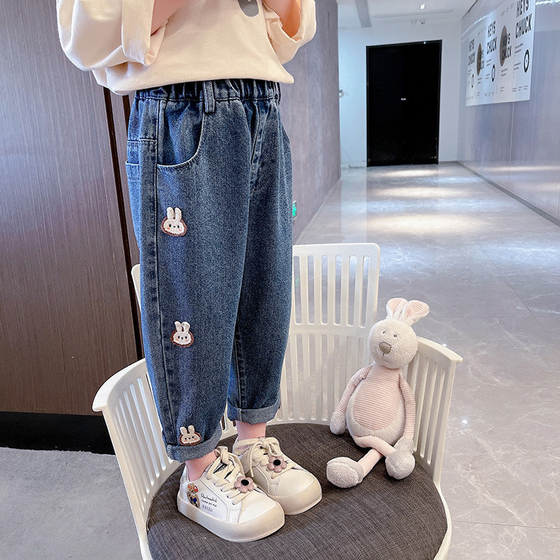 Children’s Cartoon Bunny Denim Pants with Flared Hem