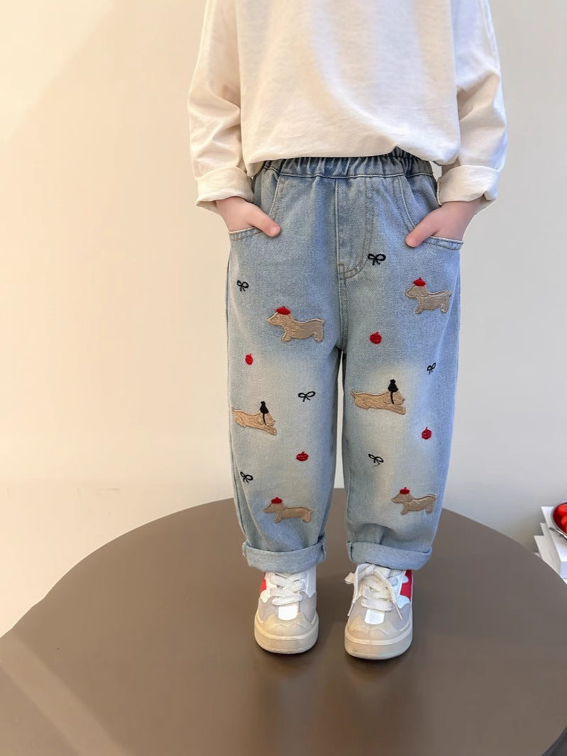 Girls’ Loose Straight Dad Jeans with Cartoon Embroidery
