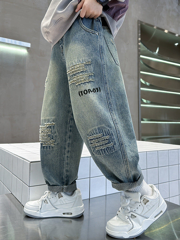 Boys’ Loose Straight Denim Jeans in Streetwear Style