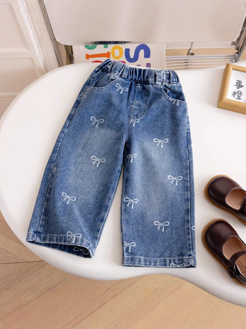 Girls’ Bow Print Wide-Leg Denim Pants for Toddlers
