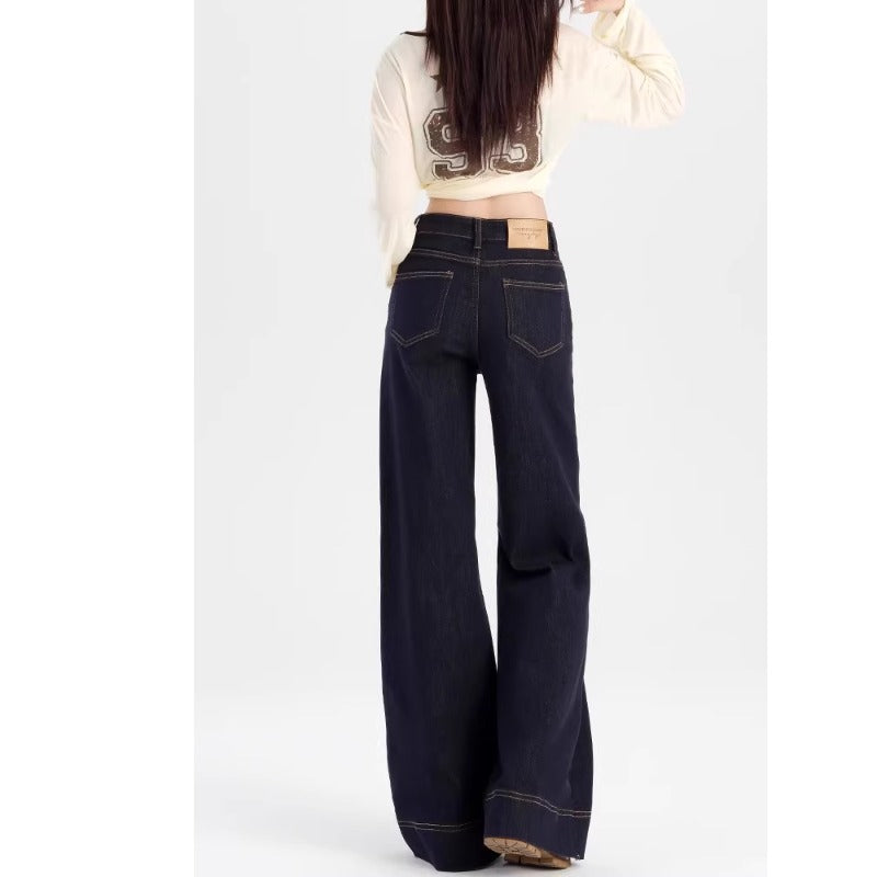 Denim blue plus size dark blue bootcut wide-leg jeans for women