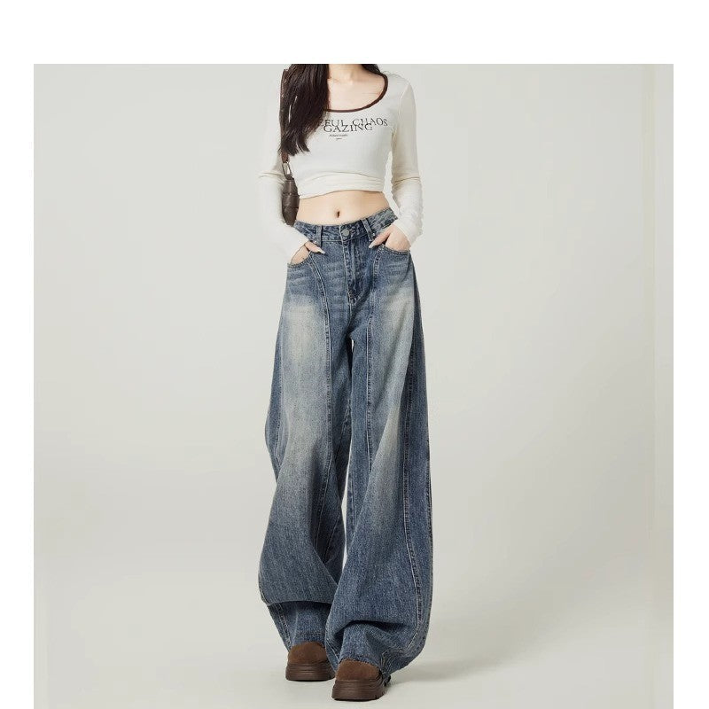 Vintage blue high-waist loose wide-leg jeans for women