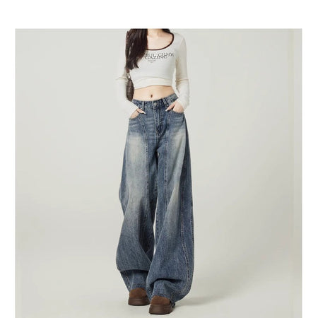 Vintage blue high-waist loose wide-leg jeans for women