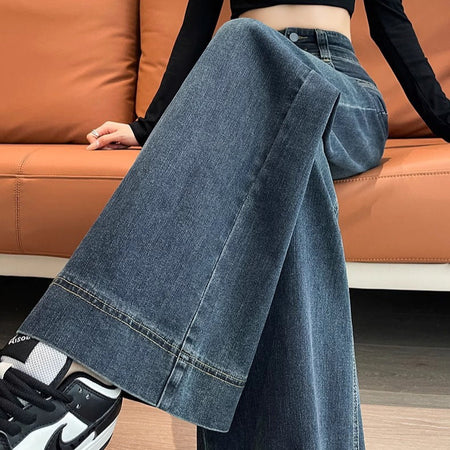 Retro blue high-waist loose wide-leg jeans for women plus size