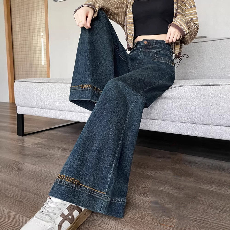 Retro loose wide-leg stretch jeans for women petite flared fit