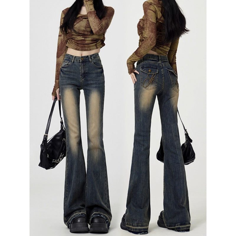 Retro blue vintage high-waisted flared jeans for women slim bootcut