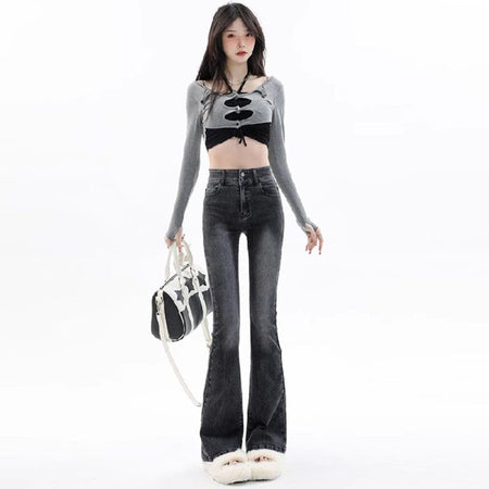 Gray-guangzhou supply retro smoke gray high-waist horseshoe flared jeans for women