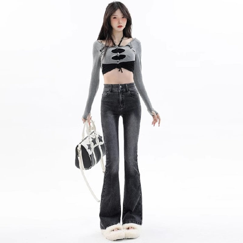 Gray-guangzhou supply retro smoke gray high-waist horseshoe flared jeans for women